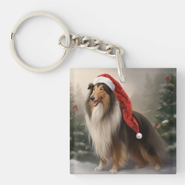 Rough Collie Dog in Snow Christmas Key Ring (Front)