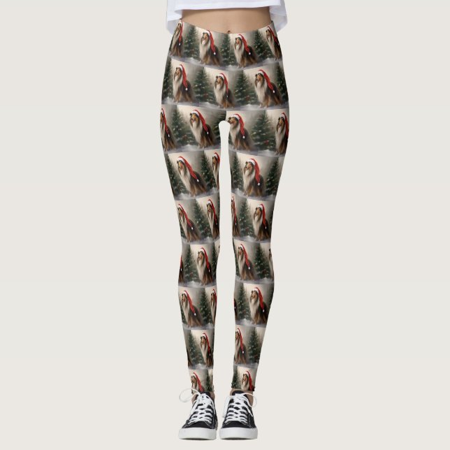 Rough Collie Dog in Snow Christmas Leggings (Front)