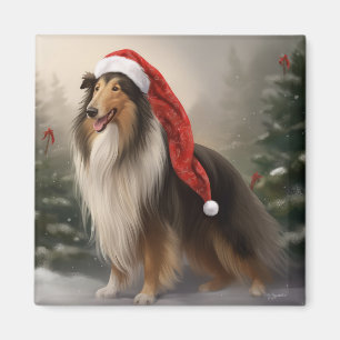 Rough Collie Dog in Snow Christmas Magnet