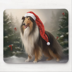 Rough Collie Dog in Snow Christmas Mouse Mat
