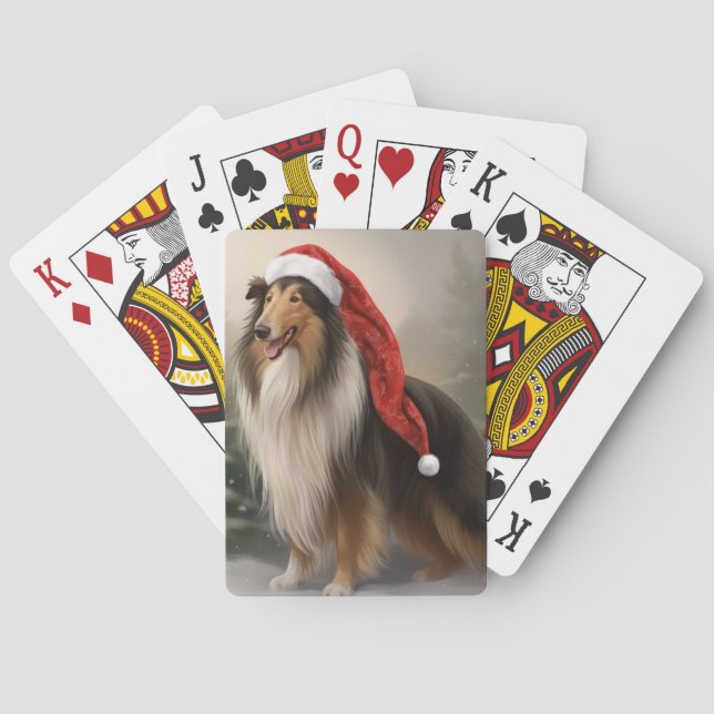 Rough Collie Dog in Snow Christmas Playing Cards (Back)