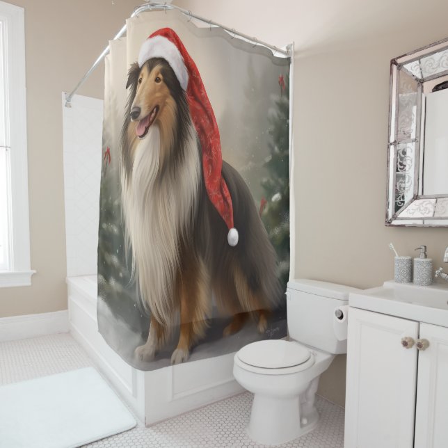 Rough Collie Dog in Snow Christmas Shower Curtain (In Situ)