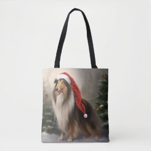 Rough Collie Dog in Snow Christmas Tote Bag