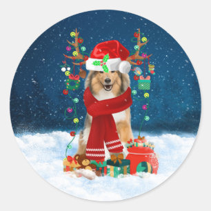 Rough Collie Dog in Snow with Christmas Gifts  Classic Round Sticker
