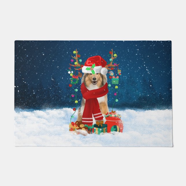 Rough Collie Dog in Snow with Christmas Gifts  Doormat (Front)
