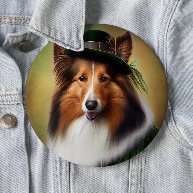 Rough Collie Dog in St. Patrick's Day Dress 6 Cm Round Badge (In Situ)