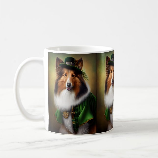 Rough Collie Dog in St. Patrick's Day Dress Coffee Mug (Left)