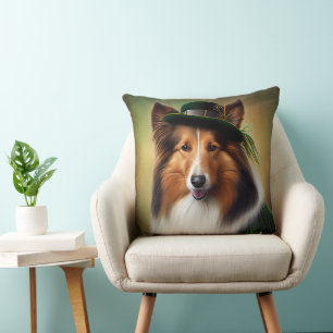 Rough Collie Dog in St. Patrick's Day Dress Cushion