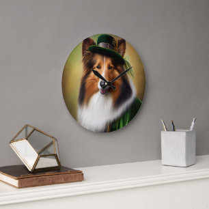Rough Collie Dog in St. Patrick's Day Dress Large Clock