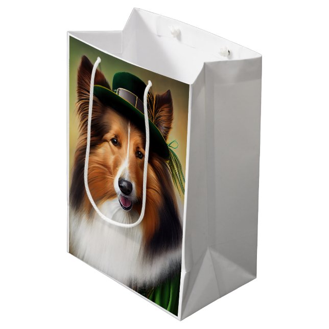 Rough Collie Dog in St. Patrick's Day Dress Medium Gift Bag (Front Angled)