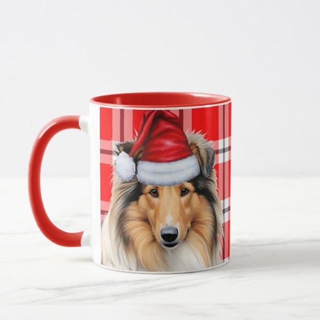 Rough Collie Dog Lover Holiday Plaid Christmas Mug (Left)