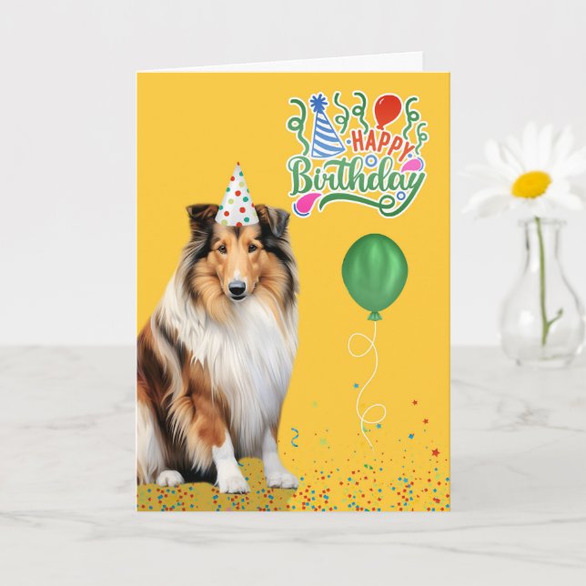 Rough Collie Dog Party Hat Yellow Birthday Card (Small Plant)