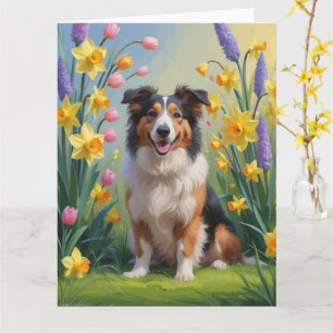 Rough Collie Dog Spring Flowers Painting Card