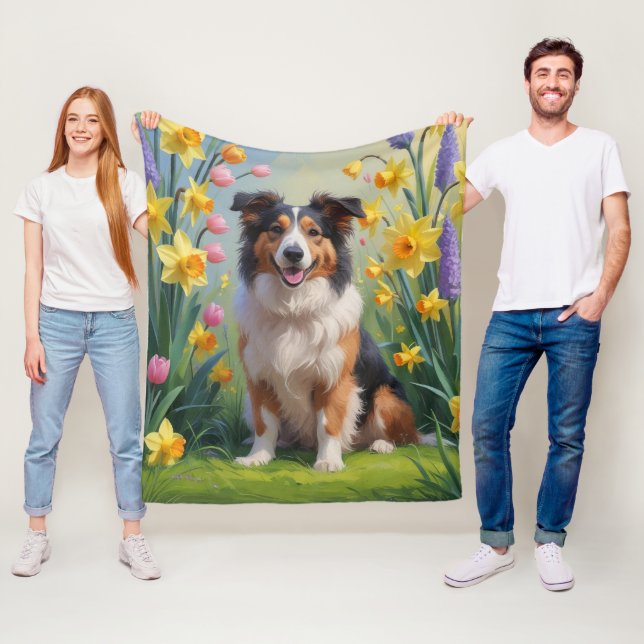 Rough Collie Dog Spring Flowers Painting Fleece Blanket (In Situ)