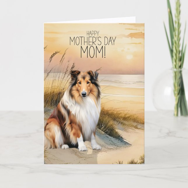 Rough Collie Dog Sunset Beach Mother's Day Holiday Card (Front)