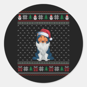 Rough Collie Dog Wearing Santa Hat Ugly Xmas Dog L Classic Round Sticker