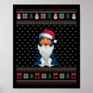 Rough Collie Dog Wearing Santa Hat Ugly Xmas Dog L Poster