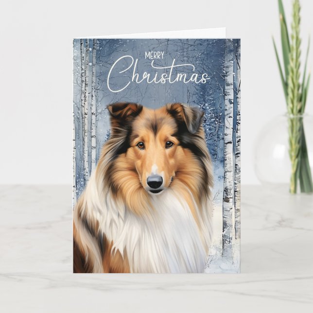 Rough Collie Dog Winter Aspen Forest Christmas Holiday Card (Front)
