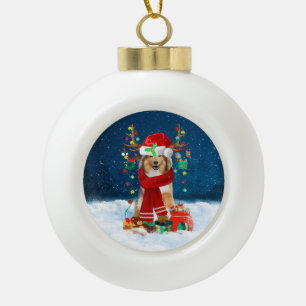 Rough Collie dog with Christmas gifts Ceramic Ball Christmas Ornament