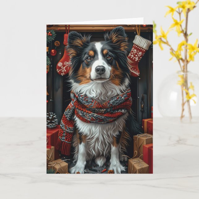 Rough Collie Dog With Christmas Gifts Fireplace Card (Yellow Flower)
