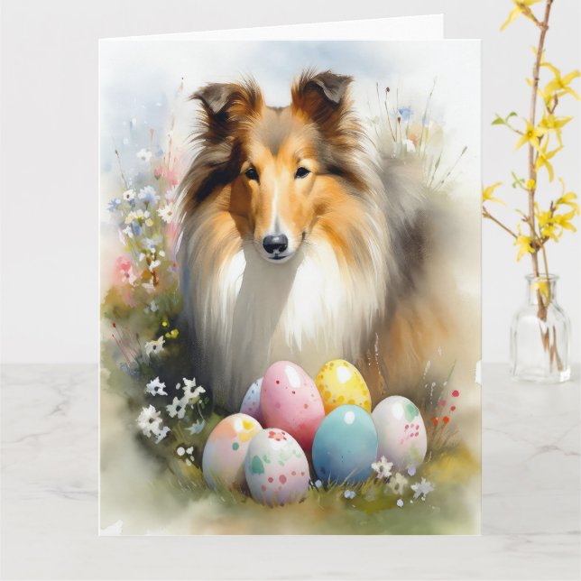 Rough Collie Dog with Easter Eggs Holiday  Card (Yellow Flower)