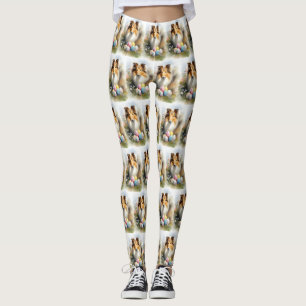 Rough Collie Dog with Easter Eggs Holiday Leggings