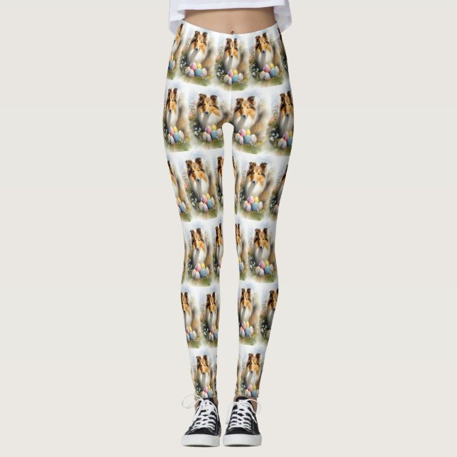 Rough Collie Dog with Easter Eggs Holiday  Leggings (Front)