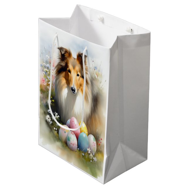 Rough Collie Dog with Easter Eggs Holiday  Medium Gift Bag (Front Angled)