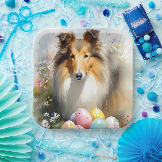 Rough Collie Dog with Easter Eggs Holiday  Paper Plate (Party)