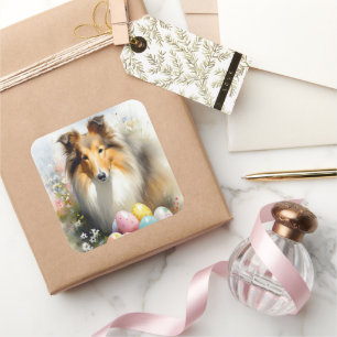 Rough Collie Dog with Easter Eggs Holiday Square Sticker