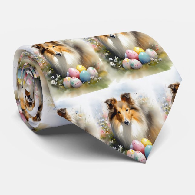 Rough Collie Dog with Easter Eggs Holiday  Tie (Rolled)