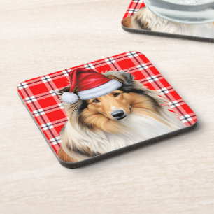 Rough Collie Dog with Red Holiday Plaid Christmas Coaster