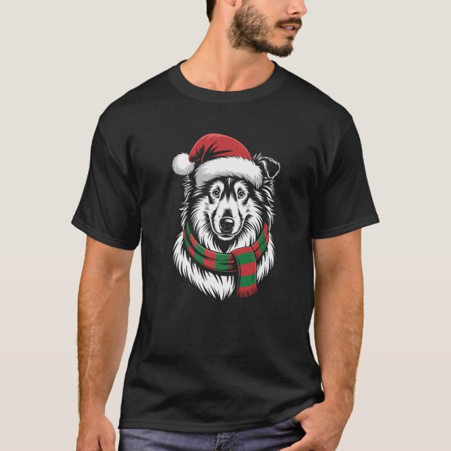 Rough Collie Dog Xmas Santa Hat Scarf Christmas Co T-Shirt (Front)