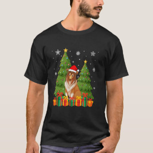 Rough Collie Dog Xmas Tree Lights Santa Hat Ugly C T-Shirt