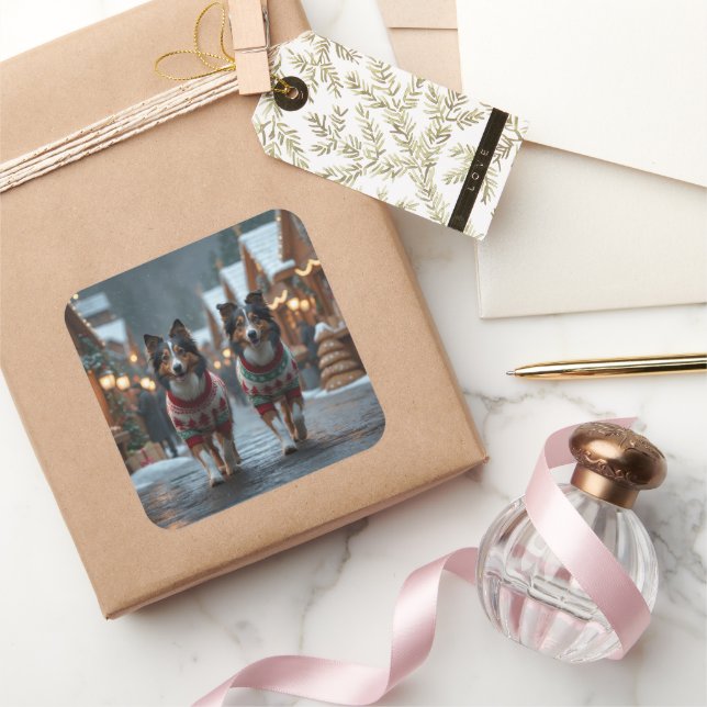 Rough Collie Dogs Christmas Snow Holiday Square Sticker (Gifting)