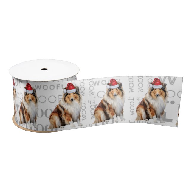 Rough Collie Funny Santa Dog Christmas Satin Ribbon (Spool)
