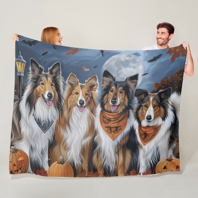 Rough Collie Halloween Spooky Fleece Blanket (In Situ)