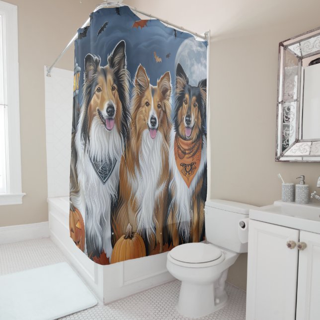 Rough Collie Halloween Spooky Shower Curtain (In Situ)