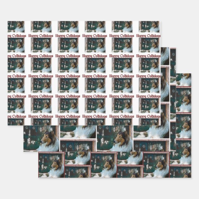 Rough Collie Happy Collidays Christmas Wrapping Paper Sheet (Set)