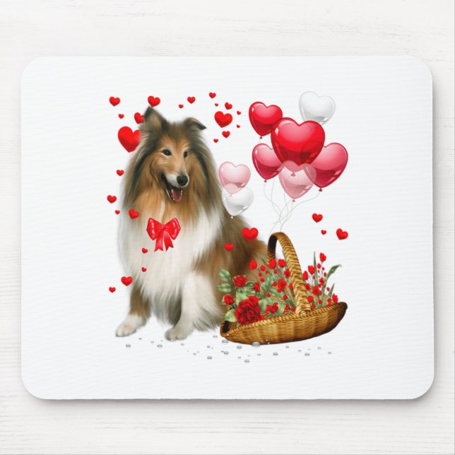 Rough Collie Heart Balloon Happy Valentine Day Dog Mouse Mat (Front)