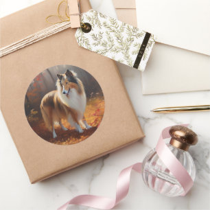 Rough Collie in Autumn Leaves Fall Inspire Classic Round Sticker