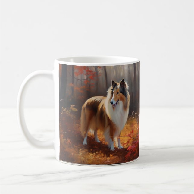Rough Collie in Autumn Leaves Fall Inspire Coffee Mug (Left)