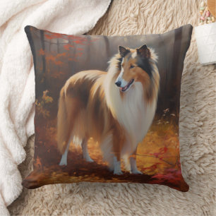 Rough Collie in Autumn Leaves Fall Inspire Cushion