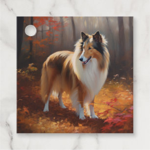 Rough Collie in Autumn Leaves Fall Inspire Favour Tags