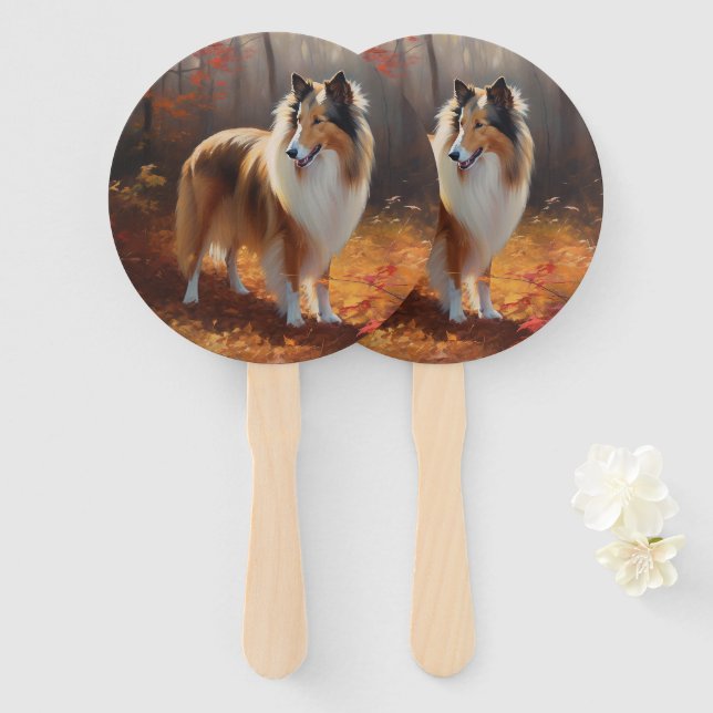 Rough Collie in Autumn Leaves Fall Inspire Hand Fan (Front and Back)