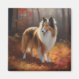 Rough Collie in Autumn Leaves Fall Inspire Magnet