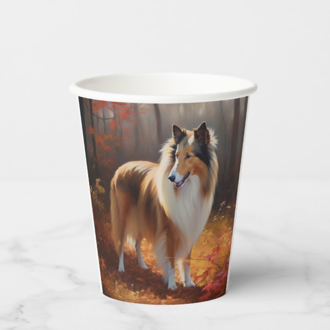 Rough Collie in Autumn Leaves Fall Inspire Paper Cups (Front)