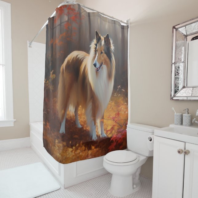 Rough Collie in Autumn Leaves Fall Inspire Shower Curtain (In Situ)