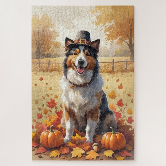 Rough Collie In Autumn Leaves Thanksgiving Art Jigsaw Puzzle (Vertical)