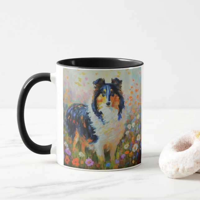 Rough Collie in field of flowers - impressionist Mug (With Donut)